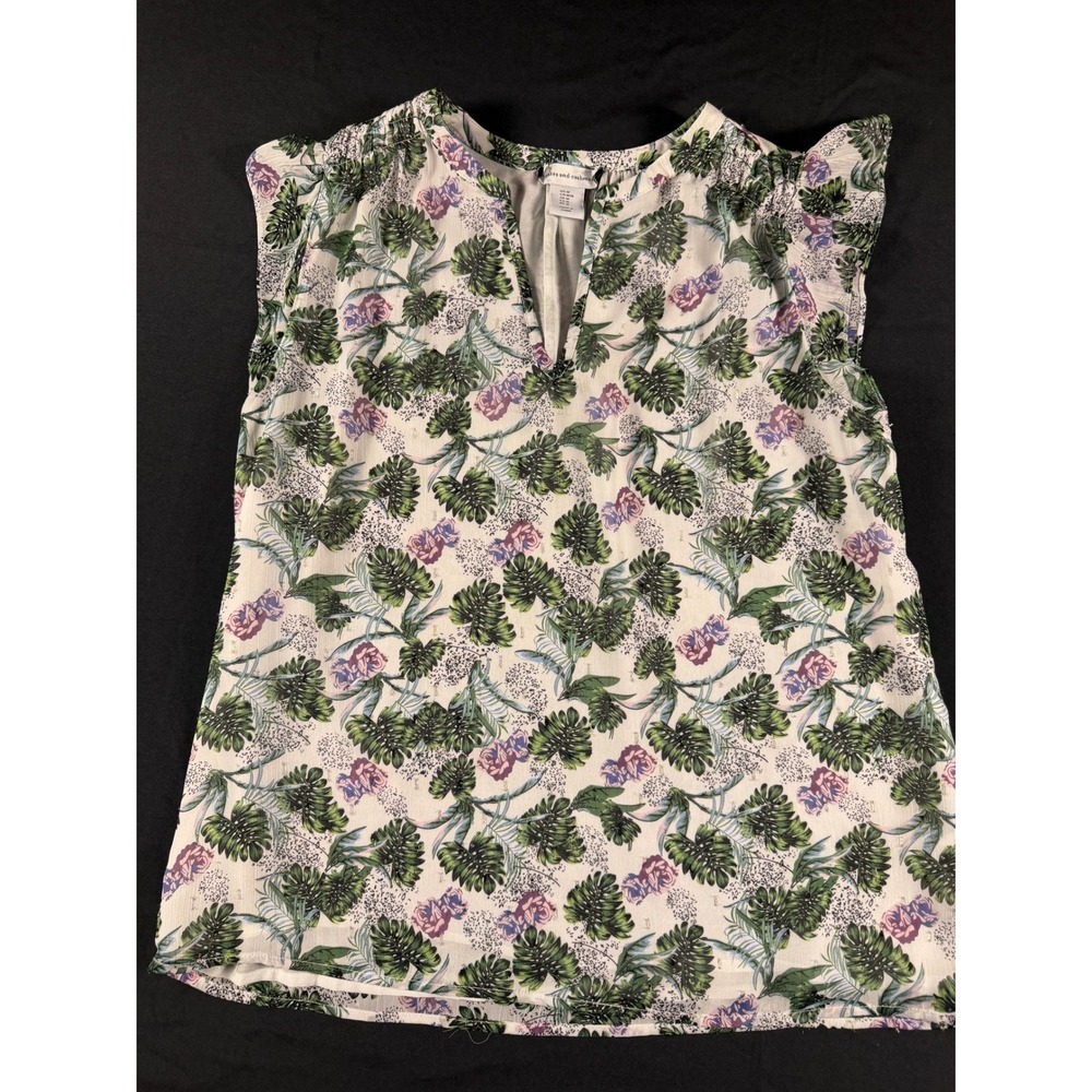 Cupcakes and Cashmere Tropical Floral Cap Sleeve Blouse Ivory Green Size M Fairy